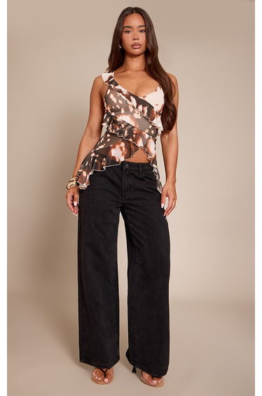 Brown Abstract Print Mesh Ruffle Detail Cami Top