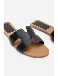 Grazia Cut Out Design Black Slide On Sandals With Contrast Stitching - 5