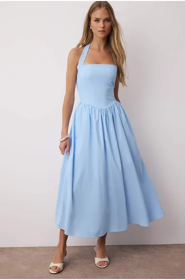 فستان بوبلين بياقة هالتر لون أزرق