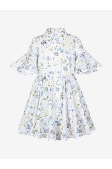 Jessie And James Girls Little Sister Blue Medaow Print Dress in White