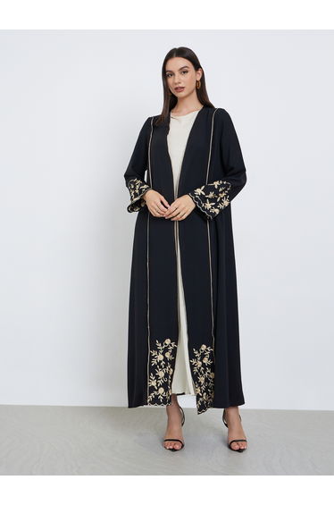 Black Floral Embroidered Front Open Abaya