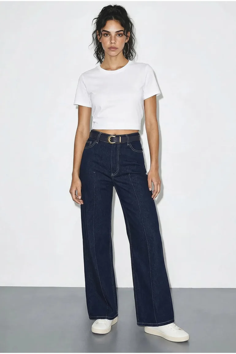 LUCCI High Waist Wide Leg Denim Trousers with Belt - 3
