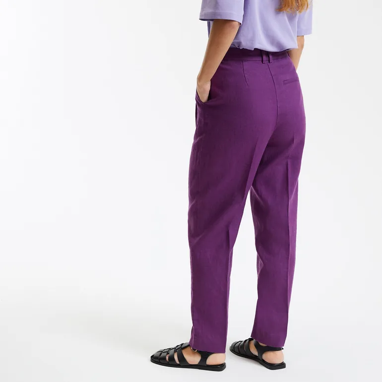 Linen Cigarette Trousers with High Waist La Redoute Collections Purple :  Trousers : VogaCloset Oman