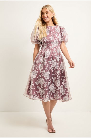 Petite Floral Burn Out Puff Sleeve Midi Dress