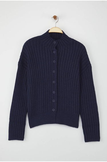 Navy Blue Stand Collar Wide Pattern Ribbed Soft Texture Knitwear Cardigan