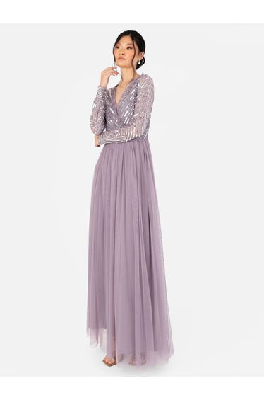 Maya Moody Lilac Stripe Embellished Faux Wrap Bodice Maxi Dress
