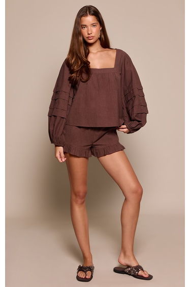 Brown Cotton Balloon Sleeve Blouse