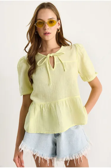 LUCCI Crew Neck Tie Blouse with Bow