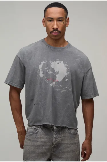 Oversized Shrunken Distressed Grunge Print Vintage Washed T-Shirt - washed charcoal