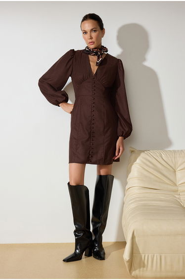 Brown Plain Mini Balloon Sleeve V-Neck Suede Woven Dress