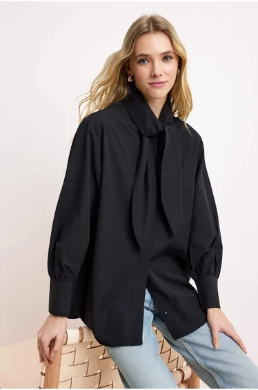 Black Regular Terrycotton Plain Woven Hijab Shirt