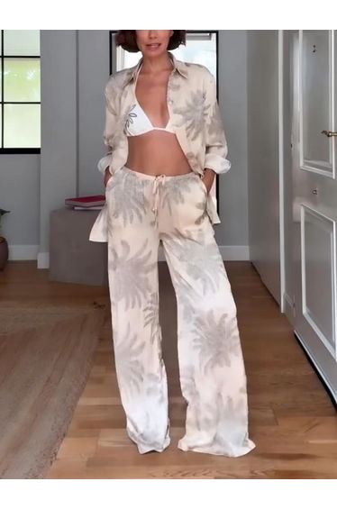 Summer Unique Palm Leaf Print Loose Button-Down Oversized Shirt