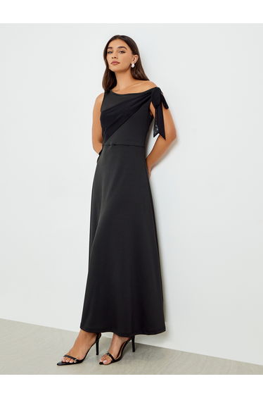 Black Asymmetric Neck Maxi Dress