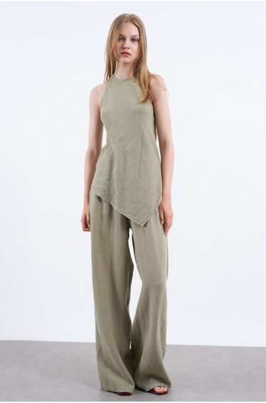 Khaki Linen Sleeveless Blouse and Trousers Woven Bottom - Top Set