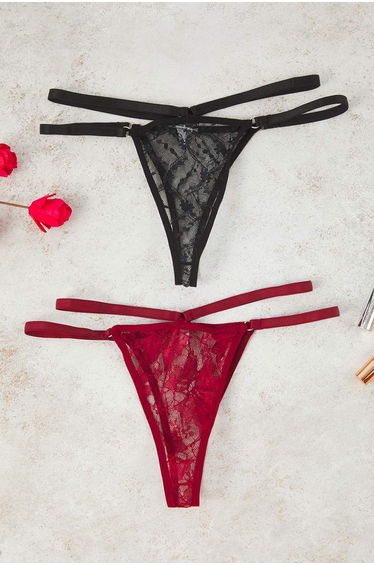 Black-Red 2-Pack Lace Elastic Floral Thong Panties