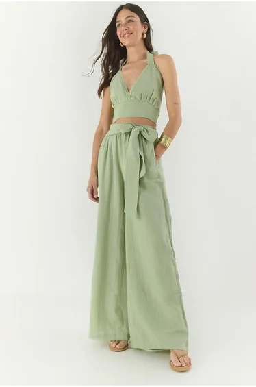 Women's Natural Linen Tie-Up Seamless Triangle Crop Elastic Waist Loose Trousers Bohemian Set