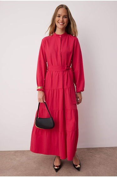 Belted Pink Column Midaxi Dress with Long Sleeve