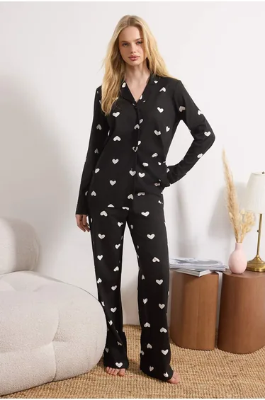 Black 100% Cotton Heart Patterned Shirt-Pants Knitted Pajama Set