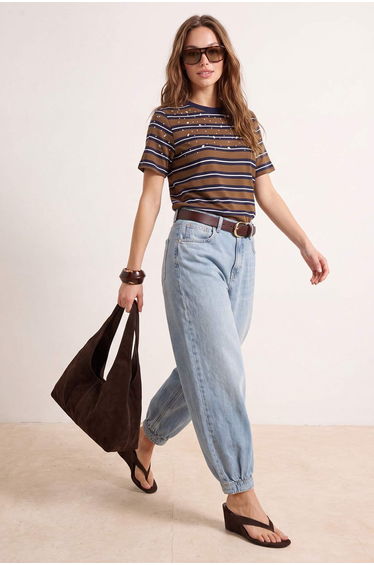 Brown Striped Regular Fit Accessory Detailed Tok 100% Cotton Knitted T-Shirt