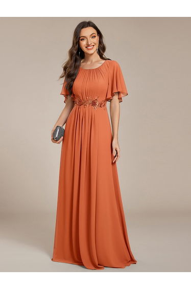 ever ASPYN|Short Sleeve Pleated Applique A-Line Floor-Length Formal Evening Dress