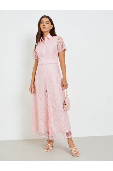 Pink Lace Belted Shirt Maxi Dress