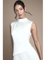 Drape High Neck Pleated Skirt Midi Wedding Dress - 3