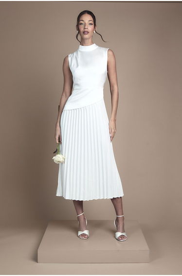 Drape High Neck Pleated Skirt Midi Wedding Dress