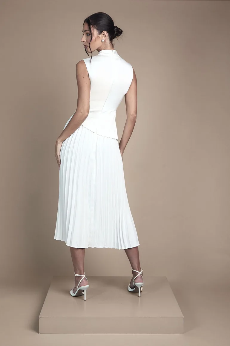 Drape High Neck Pleated Skirt Midi Wedding Dress - 2