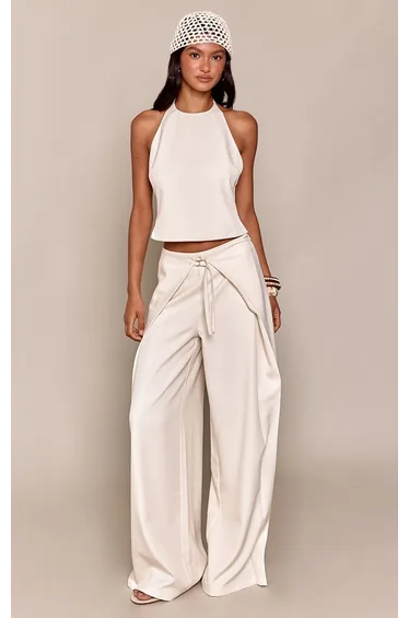 Cream Tailored Backless Buckle Detail Halter Top Co-ord