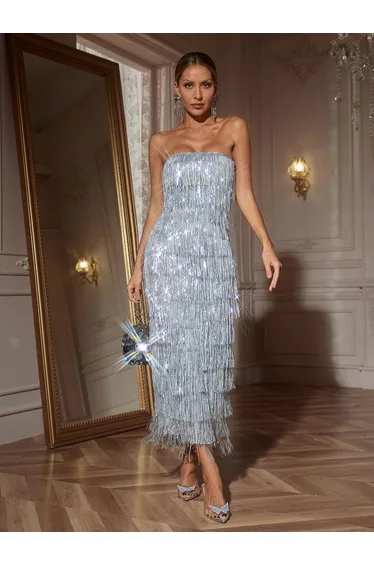 Gerardi Strapless Sequin Fringe Midi Dress