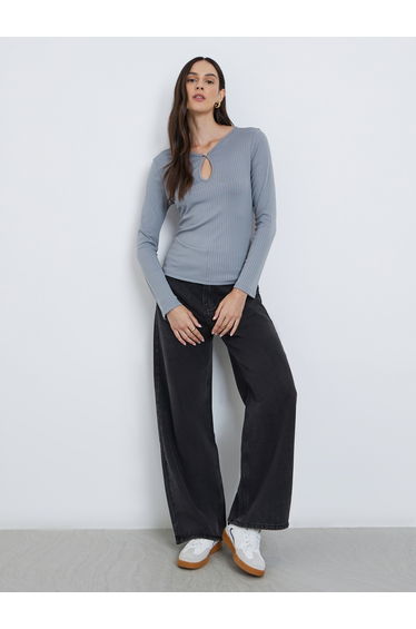 Grey Ribbed Knit Top with Keyhole Detail