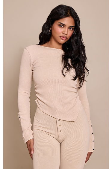 Petite Cream Contour Rib Long Sleeve Popper Detail Open Back Top