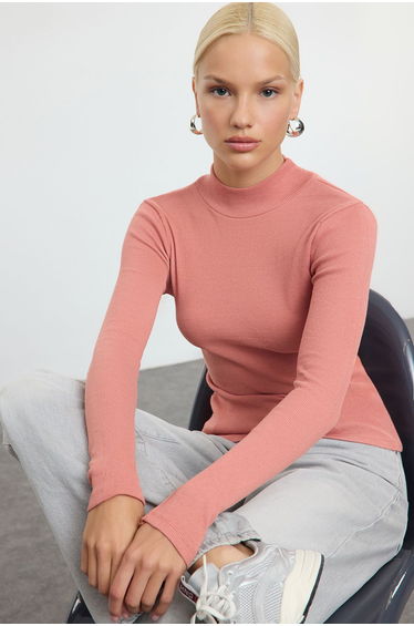 Pink Fitted High Neck Long Sleeve Ribbed Stretchy Knitted Blouse