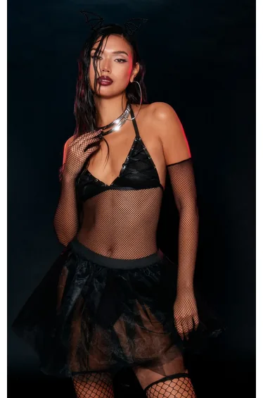 Black Fishnet Bodysuit and Gloves Set
