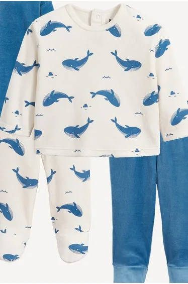 Pack of 2 Whale Print Velour Pyjamas with Feet