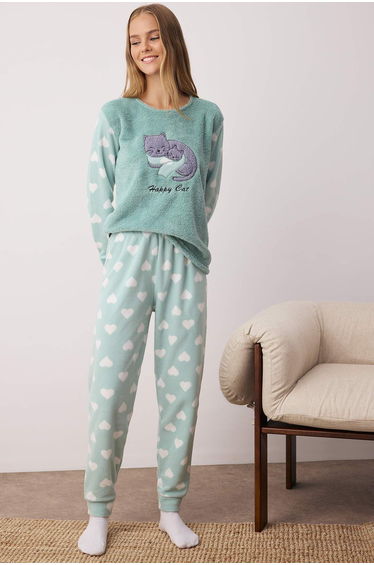Mint Heart Patch Polar Fleece Knitted Pajama Set