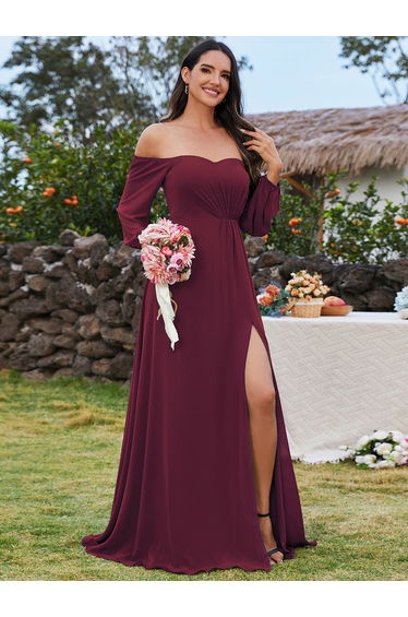 ever DANICA|High-Slit Waist Pleated Off Shoulder Chiffon Bridesmaid Dress with Long Sleeves