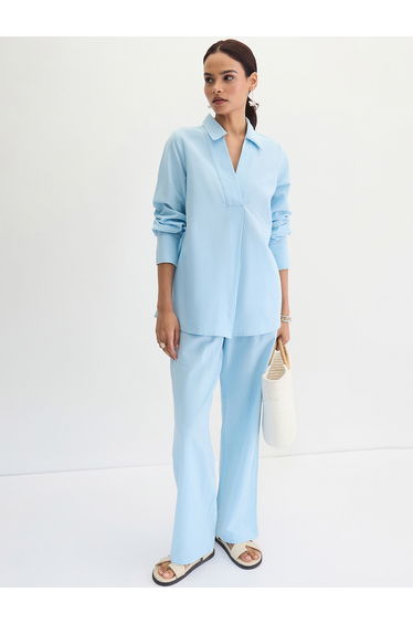 Light Blue Cotton Linen Straight Pants