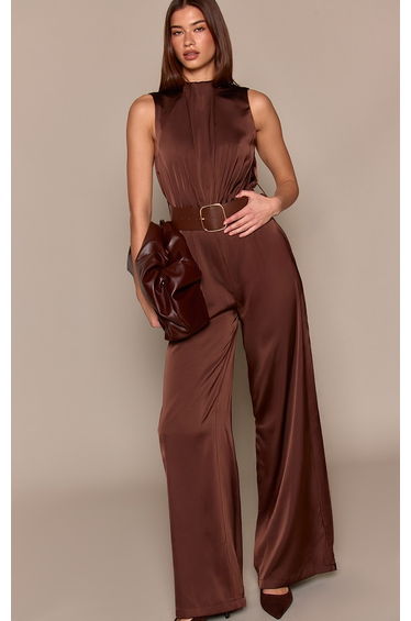 Chocolate Satin High Neck Belt Detail Wide Leg Jumpsuit