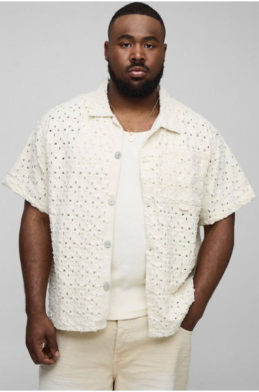 Plus Lasered Super Distressed Boxy Revere Shirt - ecru