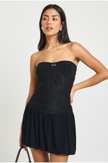 Slinky Lace Mix Frill Hem Skater Dress - black