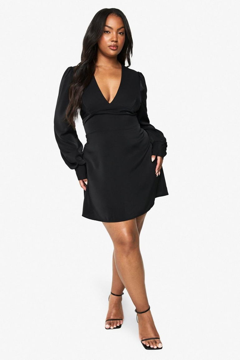 plus high neck blouson sleeve skater dress PLUS LONG BLOUSON SLEEVE SKATER DRESS