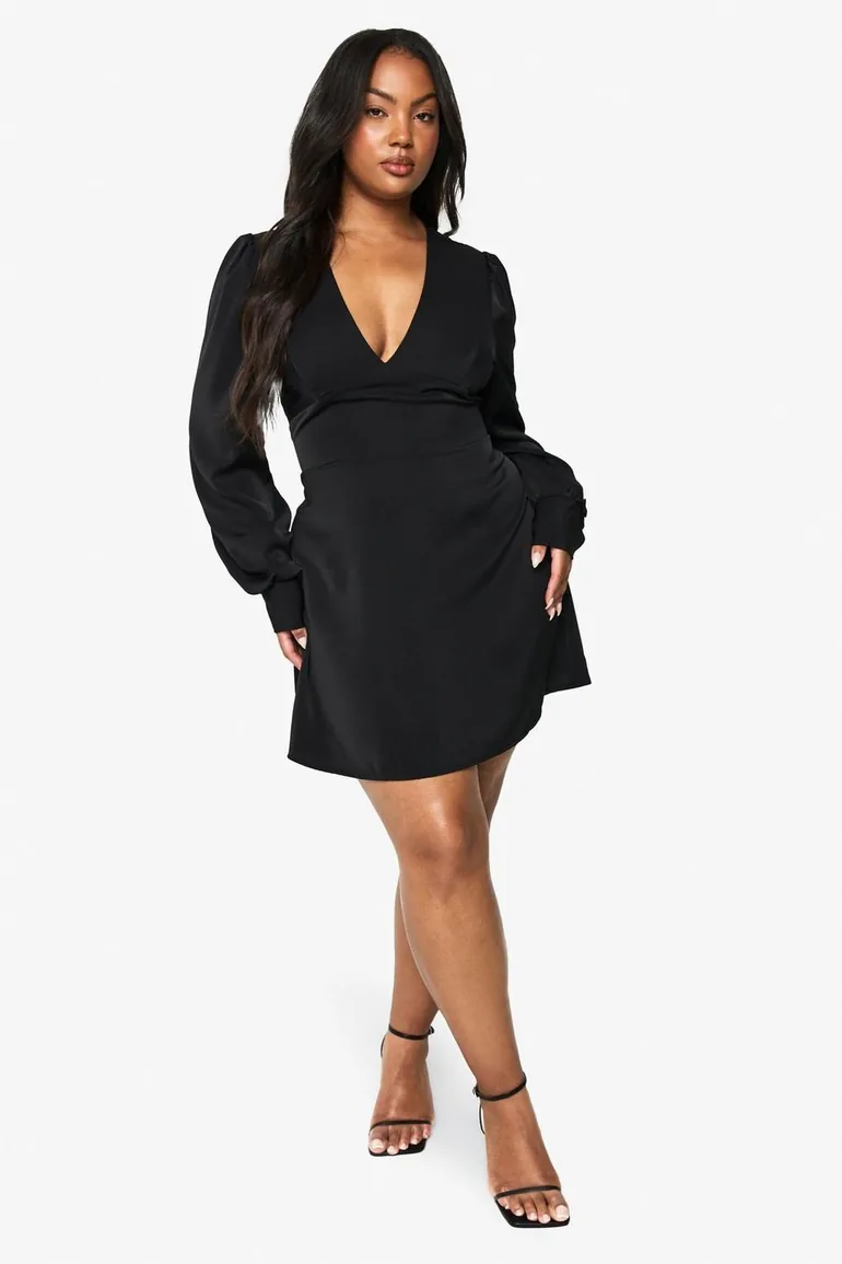 PLUS LONG BLOUSON SLEEVE SKATER DRESS - black