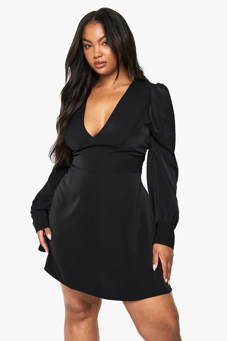 PLUS LONG BLOUSON SLEEVE SKATER DRESS - black - 1