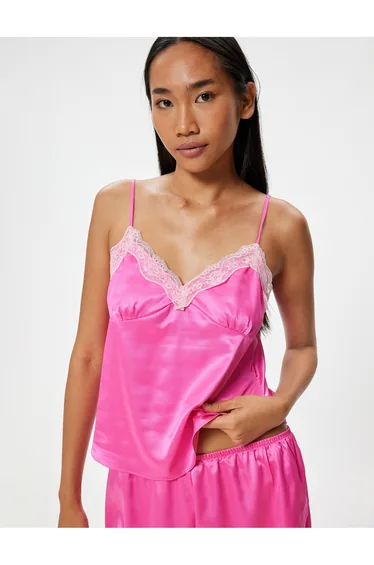 Satin Pajama Top with Thin Straps and Lace