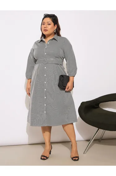 Plus Size Striped Belted Midi Shirt Dress