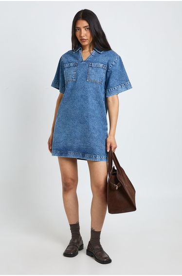 Tall Boxy Short Sleeve Denim Dress - mid wash