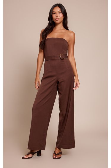 Chocolate Woven Bandeau Belt Detail Jumpsuit