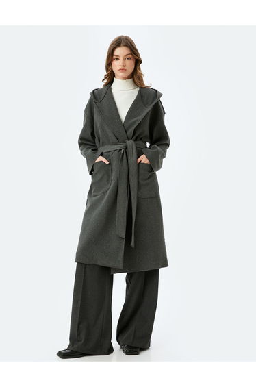 Belted Hooded Long Coat with Pockets