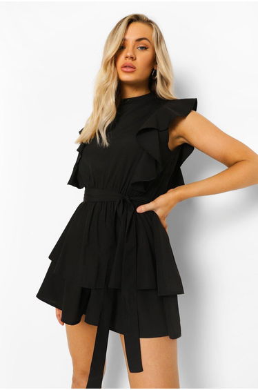 High Neck Frill Detail Belted Playsuit - black